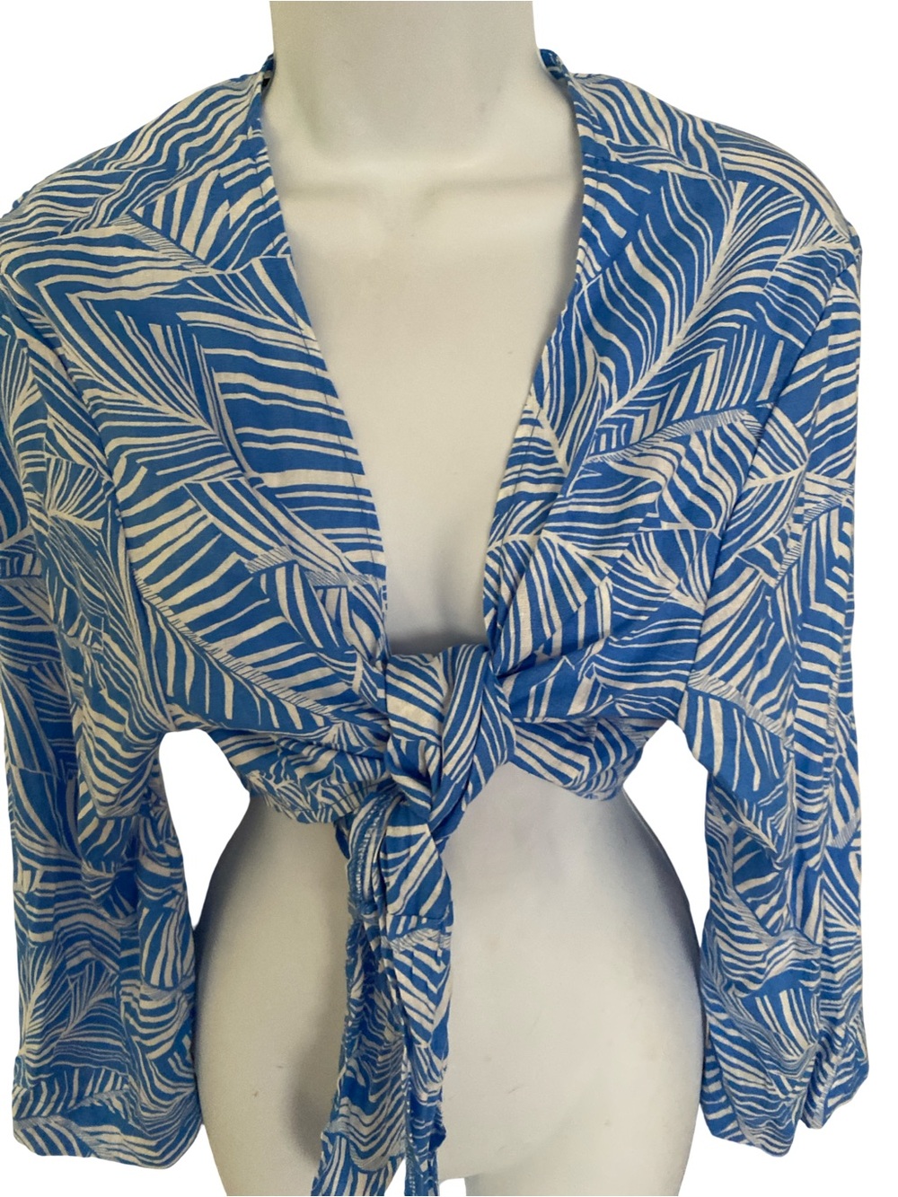 Shade & Shore Blue and White Tropical Tie-Front Linen Top - L NWT